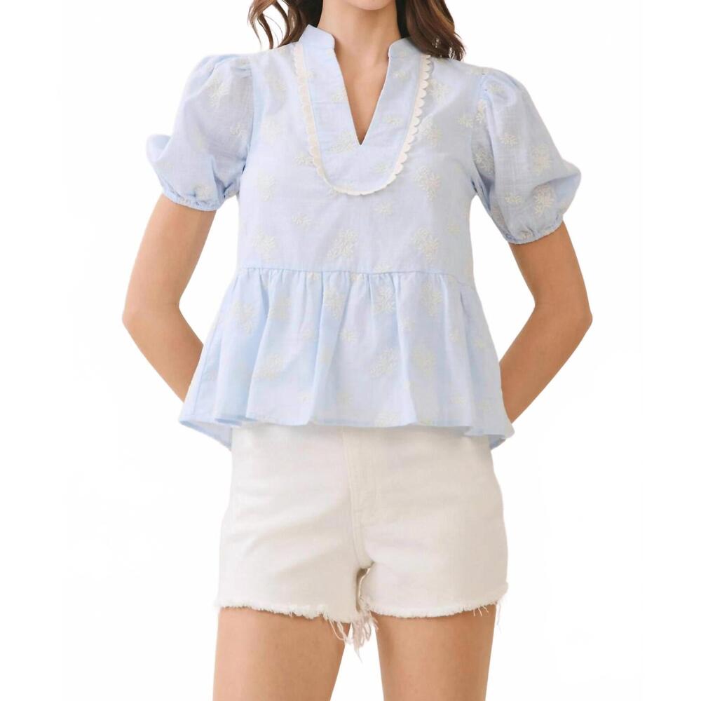 NEW PRETTY FOLLIES sky-high peplum blouse in blue